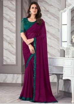 Dark  Purple And Dark Green Silk Designer Saree